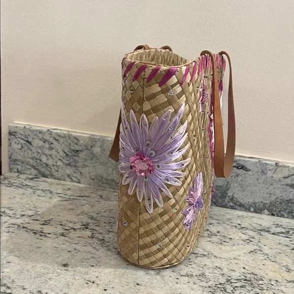 Floral Woven Tote Bag - Tan and Pink - Picture 6 of 11